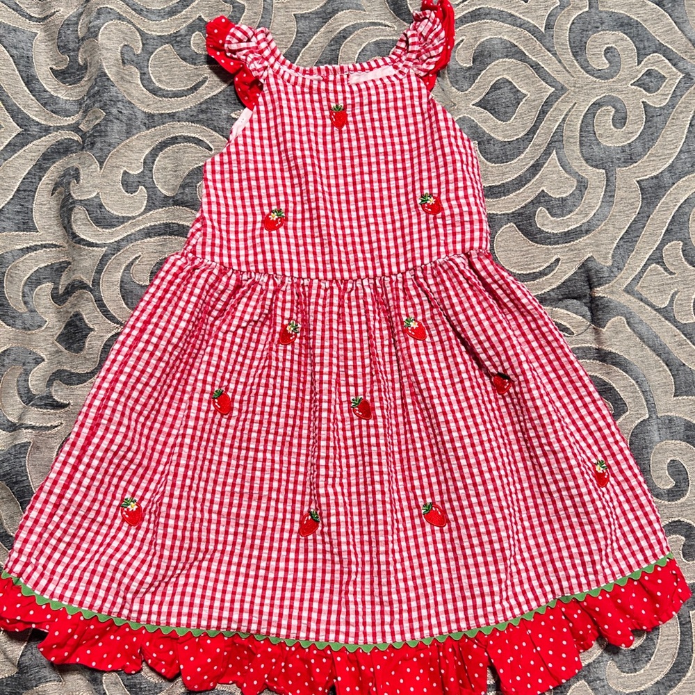 Rare Editions Red and White Ruffled Strawberry Appliqué Sundress